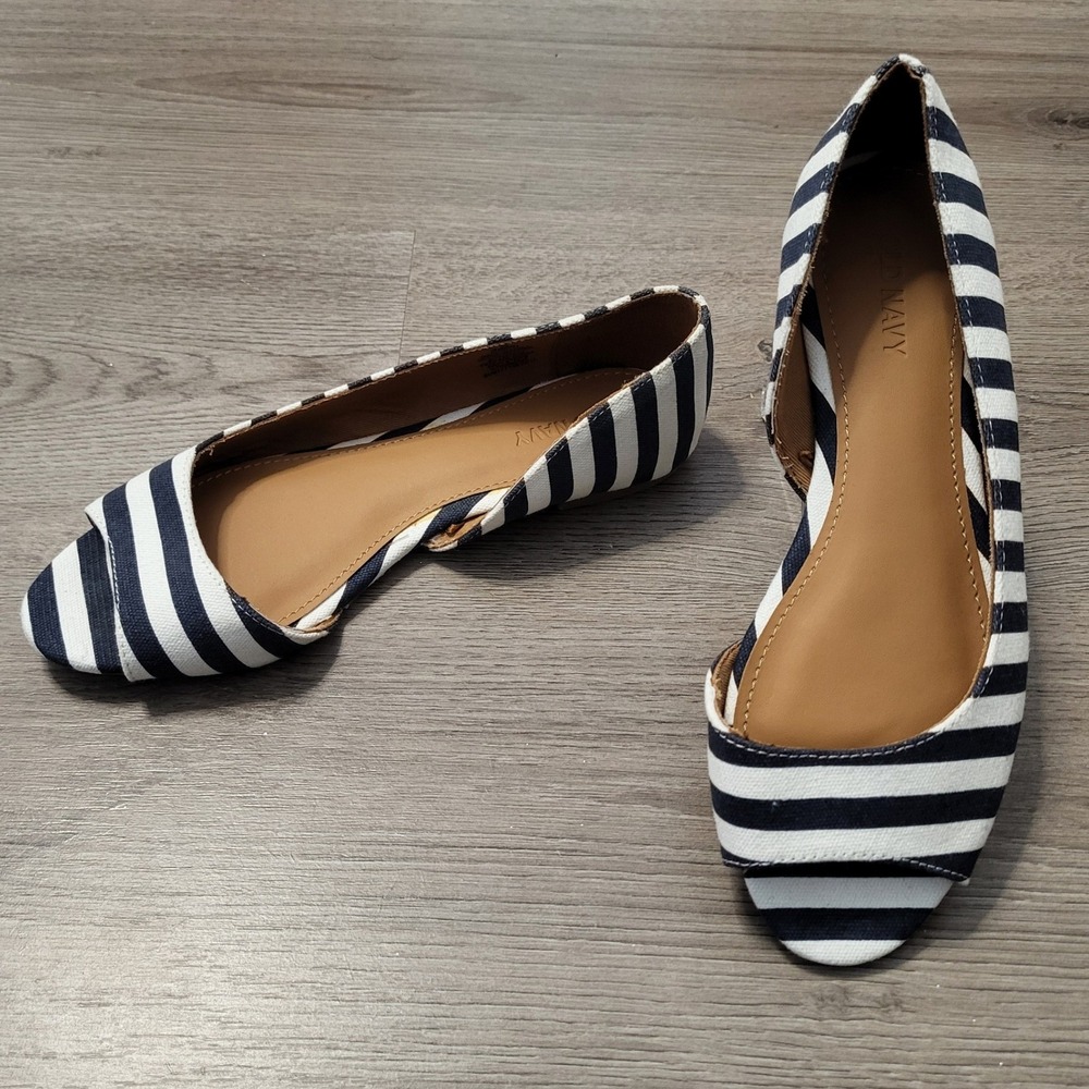 Old Navy Womens Navy Blue White Striped Peep Toe‎ d'Orsay Canvas Flats Size 6